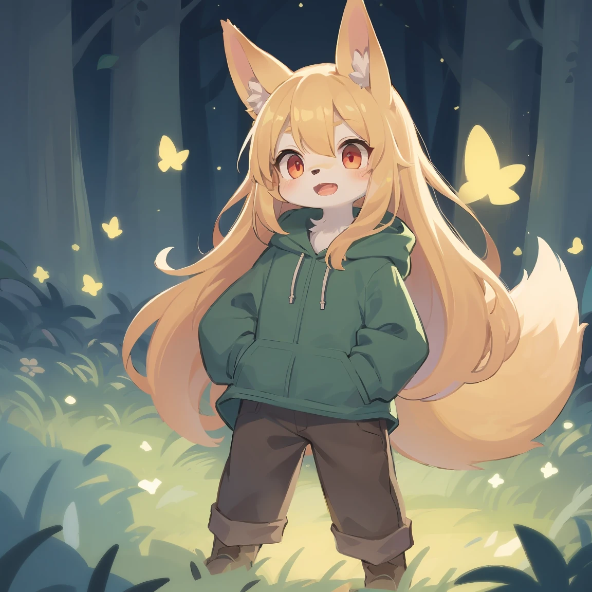 flat color, shota the fox, , was hairy, shaggy, skin fur, smooth lashes, golden fur, forelimb hands, straight long blonde hair, solid circle eyes, golden ears, golden fur, golden facial fur, shiny hair, red eyes, super cute face, 1fox tail, fluffy tail, furry tail, glowing eyes, green coat green hood down, brown trousers, open mouth, ambient light, ultra-fine fur, dashed eyes, masterpiece, high quality, high-details, best quality, (solo)