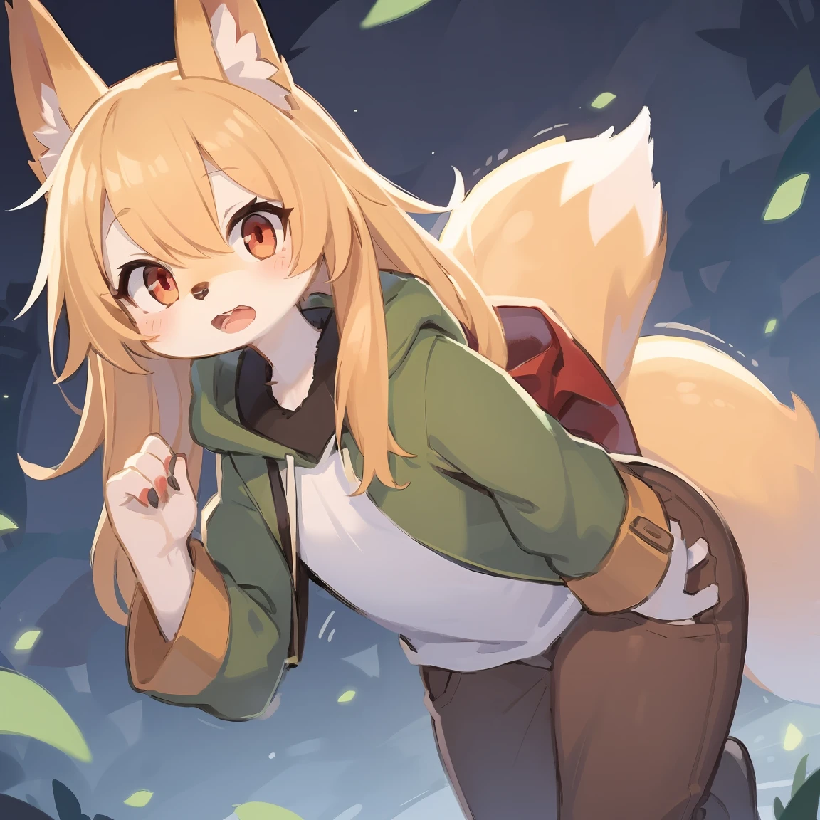 flat color, shota the fox, , was hairy, shaggy, skin fur, smooth lashes, golden fur, forelimb hands, straight long blonde hair, solid circle eyes, golden ears, golden fur, golden facial fur, shiny hair, red eyes, super cute face, 1fox tail, fluffy tail, furry tail, glowing eyes, green coat green hood down, brown trousers, open mouth, ambient light, ultra-fine fur, dashed eyes, masterpiece, high quality, high-details, best quality, (solo)
