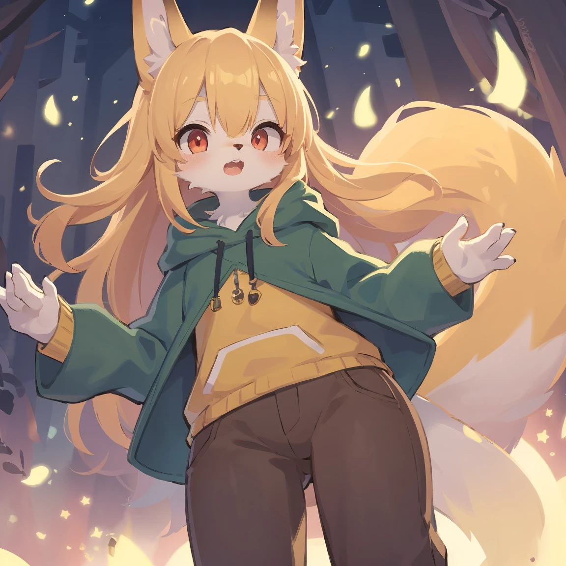 flat color, shota the fox, , was hairy, shaggy, skin fur, smooth lashes, golden fur, forelimb hands, straight long blonde hair, solid circle eyes, golden ears, golden fur, golden facial fur, shiny hair, red eyes, super cute face, 1fox tail, fluffy tail, furry tail, glowing eyes, green coat green hood down, brown trousers, open mouth, ambient light, ultra-fine fur, dashed eyes, masterpiece, high quality, high-details, best quality, (solo)