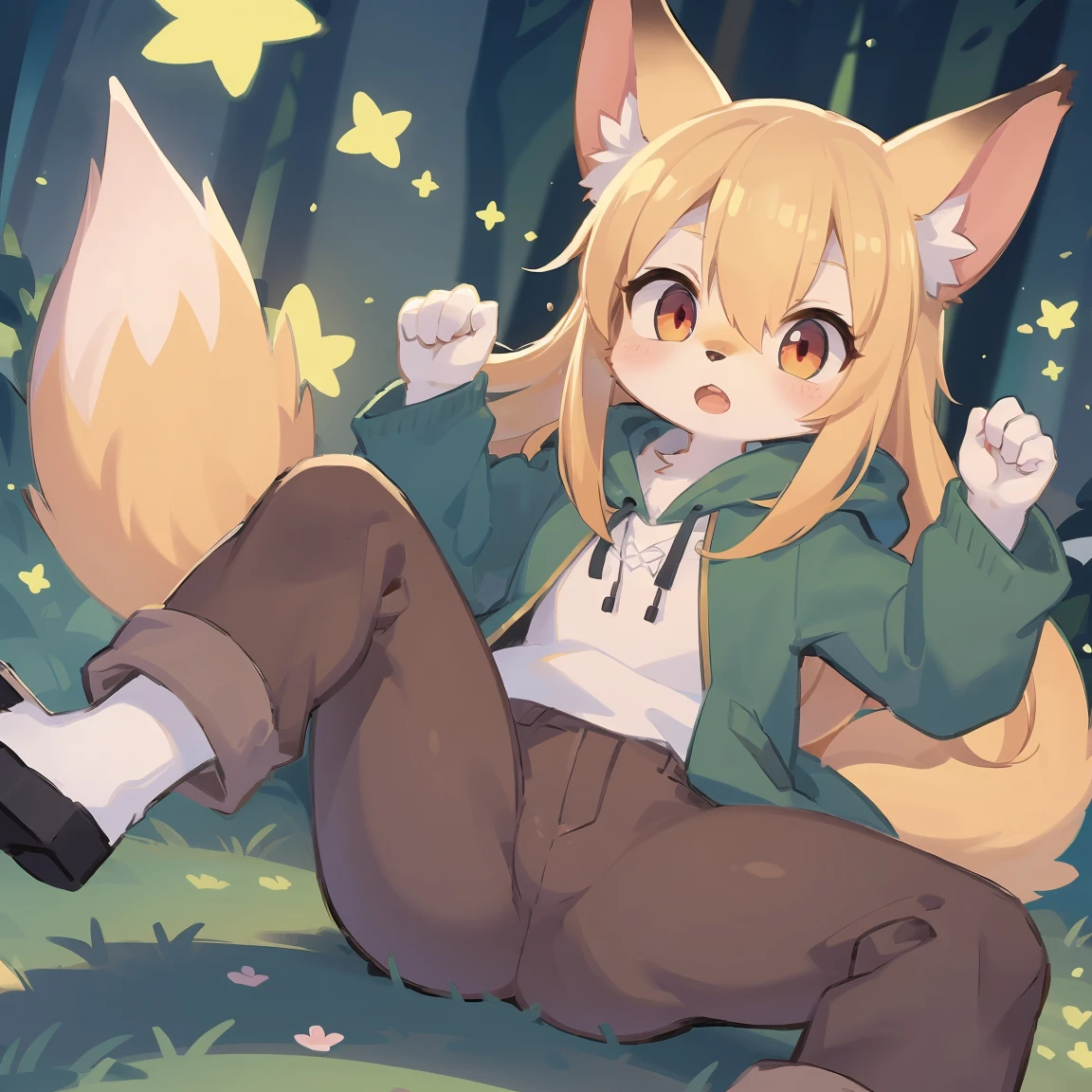 flat color, shota the fox, , was hairy, shaggy, skin fur, smooth lashes, golden fur, forelimb hands, straight long blonde hair, solid circle eyes, golden ears, golden fur, golden facial fur, shiny hair, red eyes, super cute face, 1fox tail, fluffy tail, furry tail, glowing eyes, green coat green hood down, brown trousers, open mouth, ambient light, ultra-fine fur, dashed eyes, masterpiece, high quality, high-details, best quality, (solo)