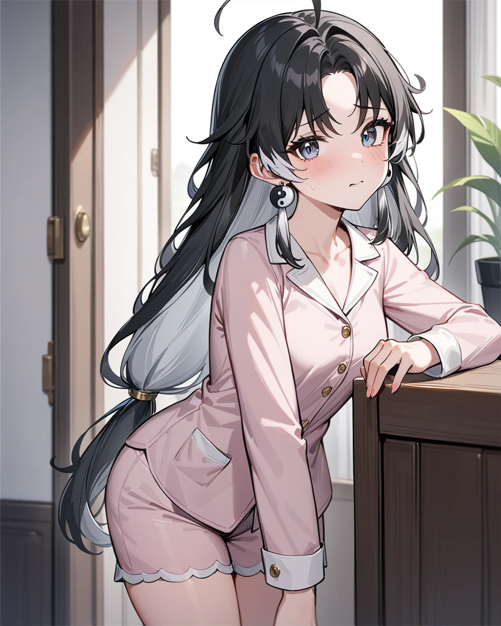 masterpiece,best quality,cute pajamas,indoors,looking at viewer,shy, jianxin,1girl,solo,jewelry,earrings,black hair,multicolored hair,long hair,ahoge,yin yang