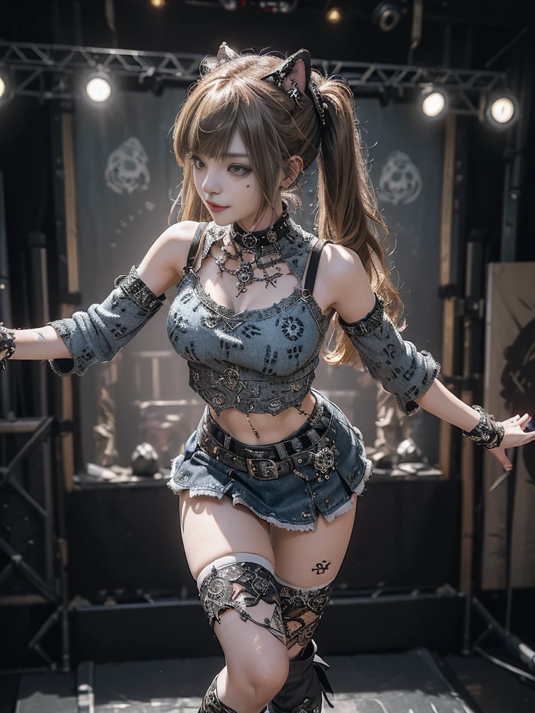 (Full Body View:1.2)、(Smiling with teeth showing:1.3),(Hollywood actress:1.5)、(Gothic Lolita style fashion:1.5)、(Punk RockVisual Kei:1.5)、(Wearing a sweater with intricate decoration:1.4)、(A mini skirt with delicate white, denim and charcoal embellishments.:1.5)、(Denim, light blue and leopard print boots:1.3)、((belt))、(Numerous intricate patterns all over the costume:1.4)、(collar:1.3)、(Leopard print underwear:1.5)、20-year-old、NSFW、((Highest quality、In 8K、masterpiece:1.3))、Sharp focus:1.2、(Layered Cut、Huge boobs:1.1),Beautiful woman with perfect figure:1.4、(Dancing vigorously:1.3)、Slender Abs:1.2、Highly detailed face and skin texture、Detailed eyes、double eyelid,(Twin tails:1.3)、(Brown-golden hair:1.3)、Gravure idol、(The background is the stage of the fashion show:1.3)、(Slim body:1.3),(Make your legs thinner:1.4),（clavicle:1.1）