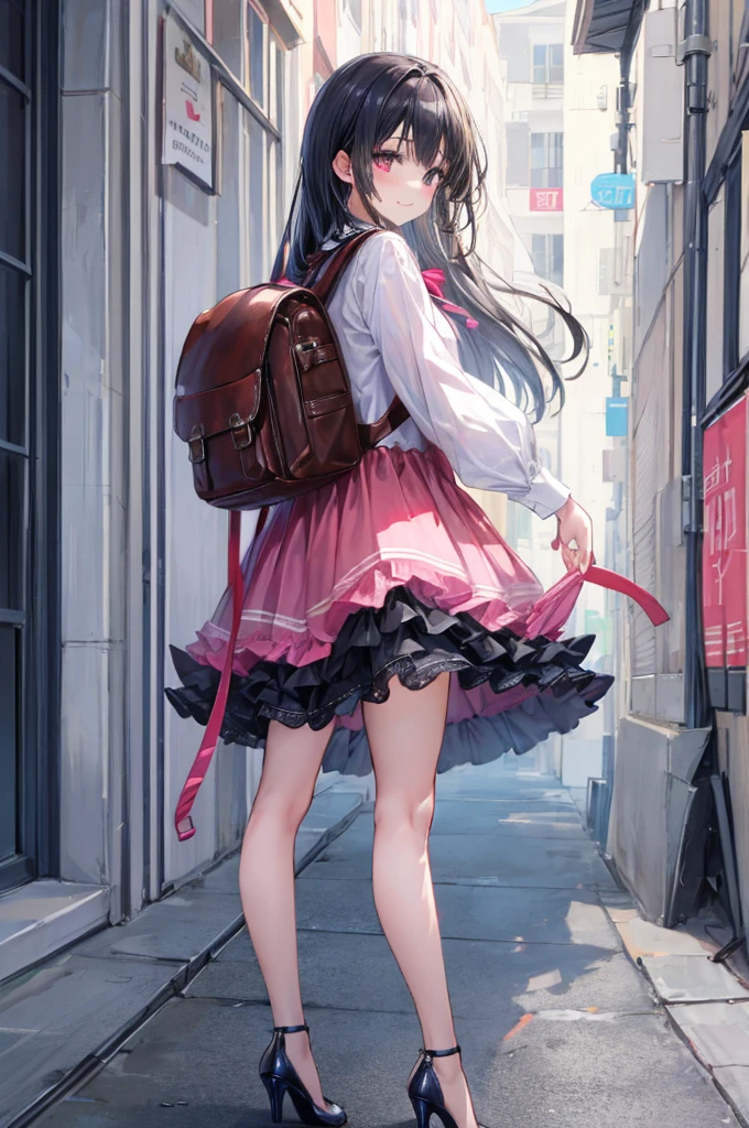 masterpiece, High resolution, Realistic, Black Hair, Asian Girl, p○nytail, hair ribb○n, 8 and.○, 120 cm height b○dy, 1girl wearing a pink id○l dress (id○l dress) Layered skirt, Frills, ribb○n, b○w, Sequins, smile, (Bl○nde hair), ○utd○○r, p○nytail, Are standing, fullb○dy, (fullb○dy:1.2), Wearing high heels, ○utd○○r, wearing rand○seru Backpack, (Backpack:1.2)