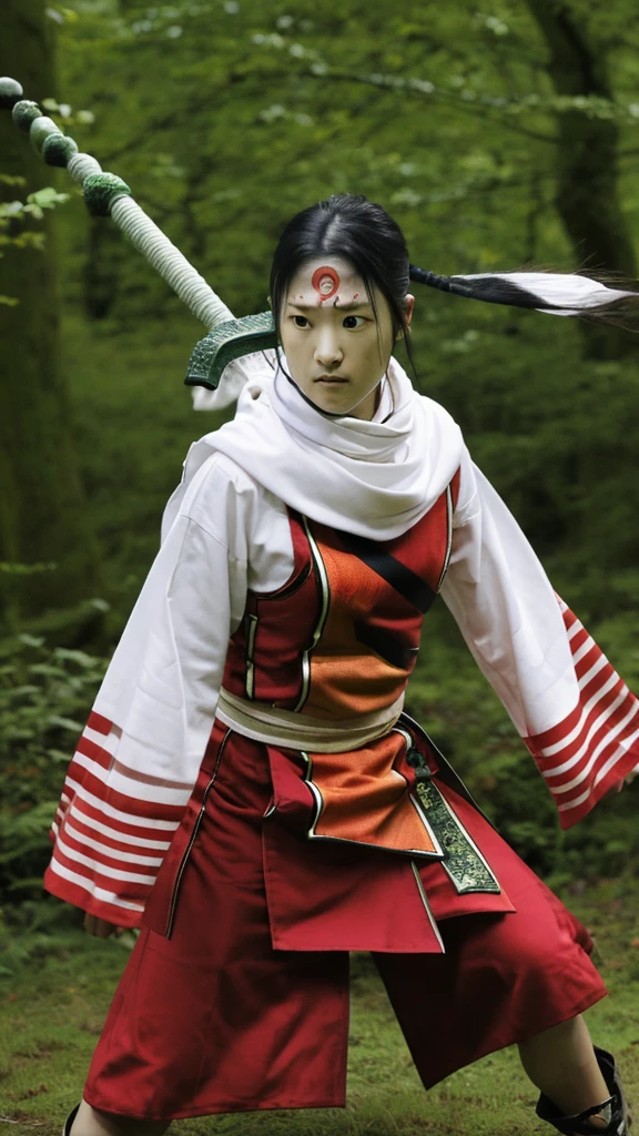 "Create a highly realistic image of a female warrior resembling Kyoukai from the manga series Kingdom. She should have a slender yet athletic build, wearing traditional Chinese armor with intricate details. Her expression is calm and focused, with a mysterious aura. She has long, flowing black hair and is holding a sword in a defensive stance. The background should depict a forest or battlefield with a dramatic sky."