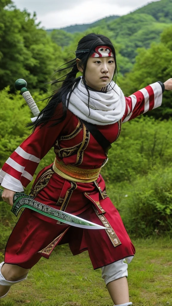 "Create a highly realistic image of a female warrior resembling Kyoukai from the manga series Kingdom. She should have a slender yet athletic build, wearing traditional Chinese armor with intricate details. Her expression is calm and focused, with a mysterious aura. She has long, flowing black hair and is holding a sword in a defensive stance. The background should depict a forest or battlefield with a dramatic sky."