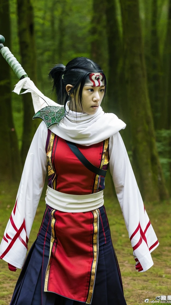 "Create a highly realistic image of a female warrior resembling Kyoukai from the manga series Kingdom. She should have a slender yet athletic build, wearing traditional Chinese armor with intricate details. Her expression is calm and focused, with a mysterious aura. She has long, flowing black hair and is holding a sword in a defensive stance. The background should depict a forest or battlefield with a dramatic sky."