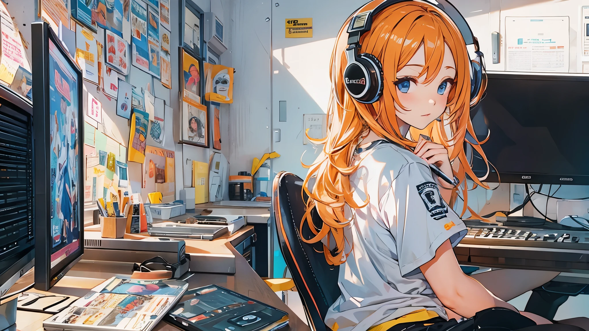 high resolution、One Girl、Wearing headphones、Logo T-shirt and hot pants、In the girl's room、Studying on a computer、Large monitor、Vibrant colors、Vivid Color、Warm shades、Full body images、Orange long hair、
