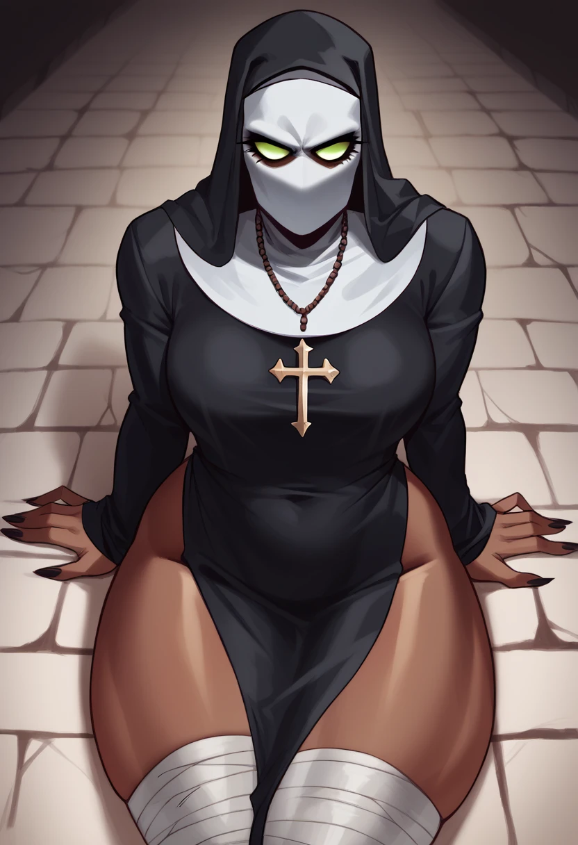 work of art, best qualityer, THE SILENT, darkskin, mask of the Black Death, face covered, black robe, bandages, tummy, bandaged legs, trunk, Breasts huge, thick-thighs, gazing at viewer, Bright dark, stone walls, Dungeonpunk, serious, From above(in nun clothes)