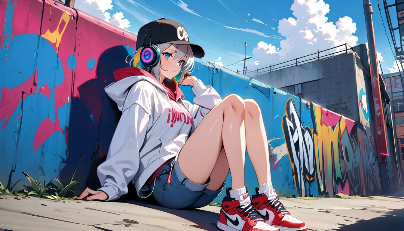 HD 8k handsome sexy cute, Lonely, 1 female, Medium length hair, Gray Hair, Rainbow Hair, blue eyes, Bike riding rainbow headphones, hoodie, colored hoodie, Black Tracker Hat, Hip hop style large hooded jacket、Denim shorts, Sneakers Nike, human center, Outdoor, blue sky, White cloud, Graffiti Popular Spray Art Wall,