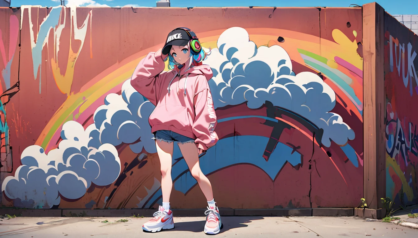 HD 8k handsome sexy cute, Lonely, 1 female, Medium length hair, Gray Hair, Rainbow Hair, blue eyes,  Bike riding rainbow headphones, hoodie, colored hoodie, Black Tracker Hat, Hip hop style large hooded jacket、Denim shorts, Sneakers Nike, human center, Outdoor, blue sky, White cloud, Graffiti Popular Spray Art Wall,