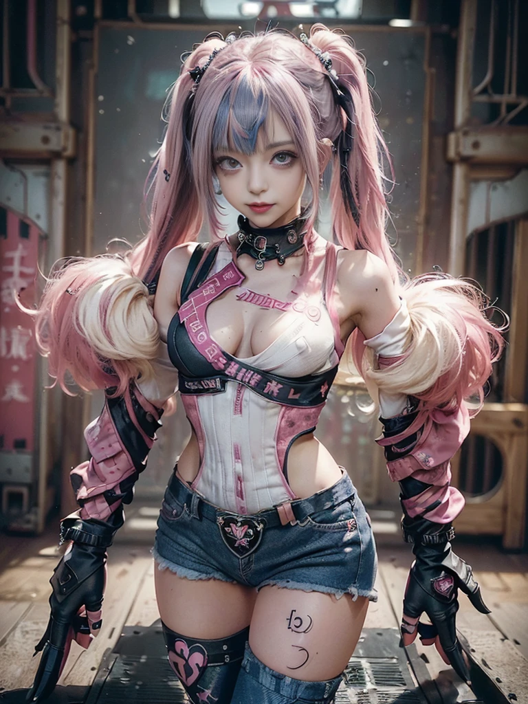 (Full Body View:1.2)、(Full body:1.2)、(Smiling with teeth showing:1.3),(Shibuya Gal:1.5)、(Gothic Lolita style fashion:1.5)、(Punk RockVisual Kei:1.5)、(Wearing a rhythmic gymnastics bodysuit with intricate details:1.4)、(Racing suit and pants with intricate decorations in magenta, denim and wine red:1.5)、(Red, brown and white boots:1.3)、((belt))、(Numerous delicate logo marks all over the costume:1.4)、(collar:1.3)、(Striped underwear:1.5)、30 years old、NSFW、((Highest quality、In 8K、masterpiece:1.3))、Sharp focus:1.2、(Layered Cut、Huge boobs:1.1),Beautiful woman with perfect figure:1.4、(Doing an aerobics pose:1.3)、Slender Abs:1.2、Highly detailed face and skin texture、Detailed eyes、double eyelid,(Twin tails:1.3)、(Pink and cream hair:1.3)、Gravure idol、(The background is the stage of the fashion show:1.3)、(Slim body:1.3),(Make your legs thinner:1.4),（clavicle:1.1）、(Thin and slim thighs:1.3)