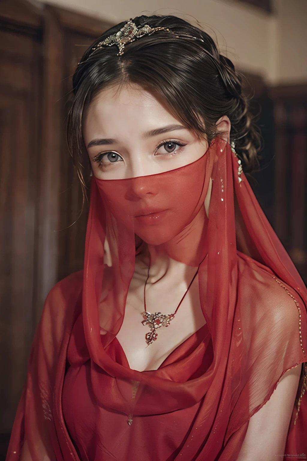 1 Beautiful Woman，（（（Eyes are very fragile）））Conservative clothing（（（Hair accessories）））（（（veil（24））））（（（veil））），necklace，Wearing a red silk dress， ((Radiant skin))（（（masterpiece）））， （（best quality））， （（Intricate details））， （（Surreal））（8K）