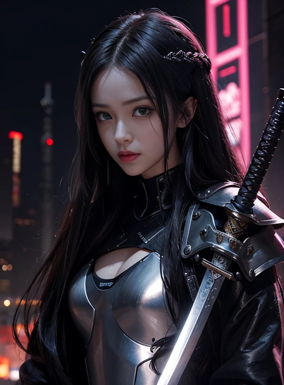 （There is a picture of a girl with long hair.，sword士，Close-up，armor）  ；sword士，Cyberpunk characters，sword