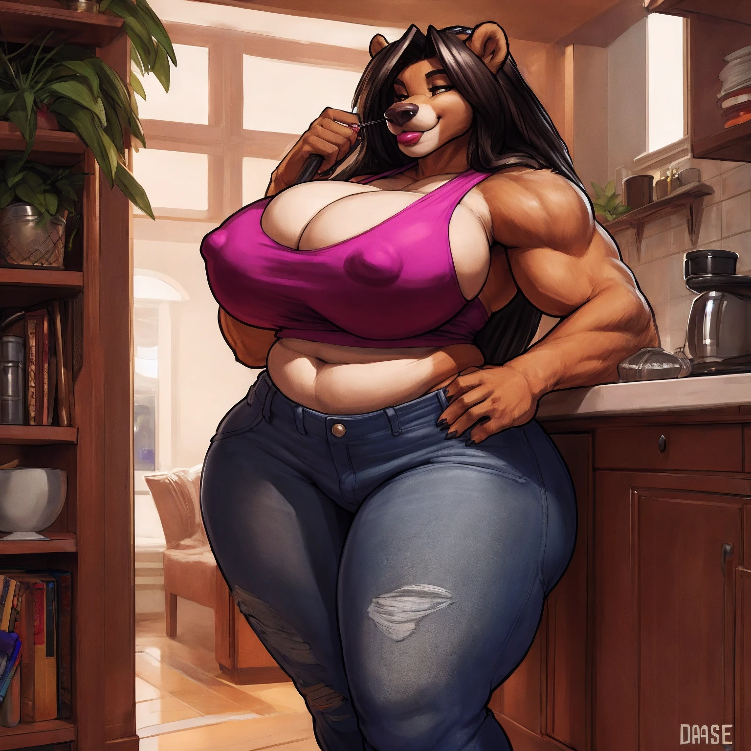 by darkgem, by duase, by gideon, by bng, soft figure, curvy, chubby, bbw, heavy, grizzly bear, female, milf, older woman, furry body, wide body, powerful, muscular, wide hips, thick thighs, big arms, (huge breasts:1.1), heavy breasts, nipple outline, highly detailed eyes, dark hair, long hair, milf, big lips, tank top, bare midriff, cleavage, large areolae, (low jeans:1.4), bare midriff, visible thong straps, Masterpiece, best quality, absurd res, anthro only, kitchen environment, motherly smile, standing upright,