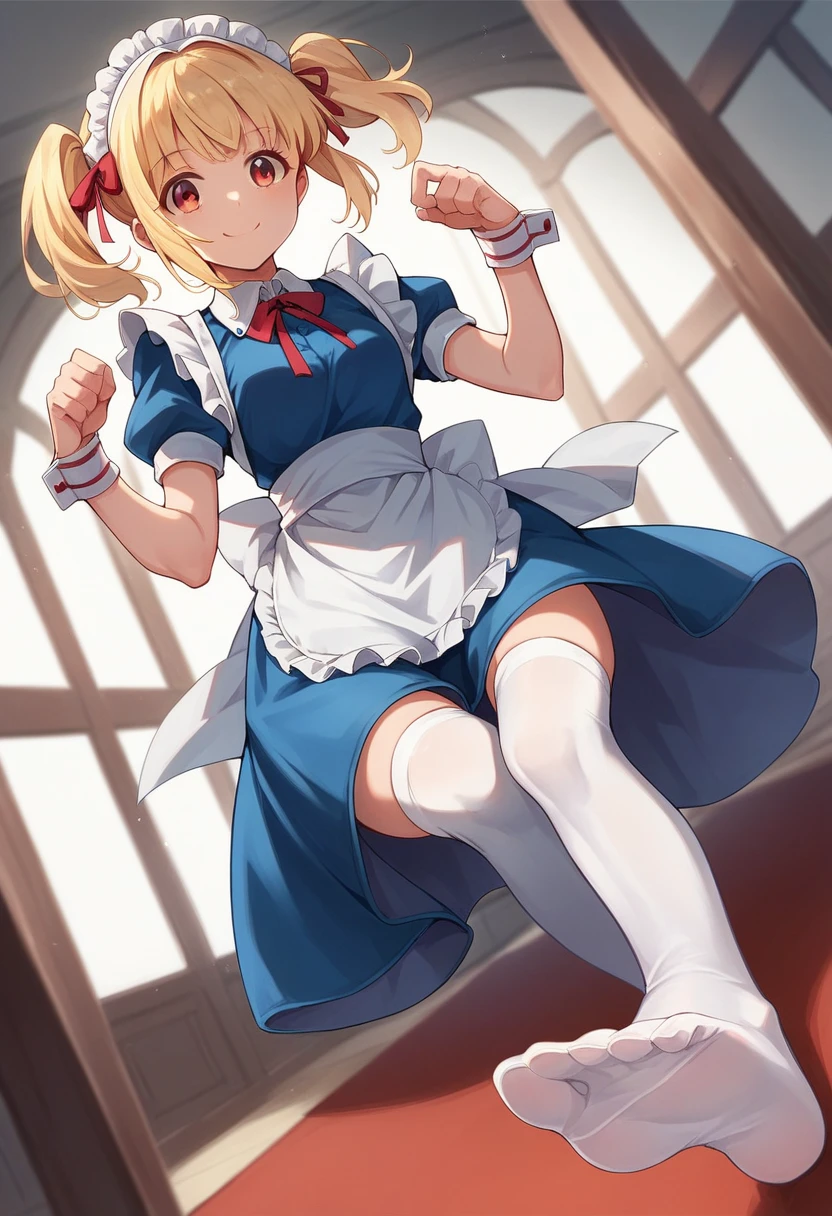  sawachika eri, blonde hair, twintails, solo, red ribbon, bob cut, smile, maid, blue dress, maid apron, maid headdress, red neck ribbon, puffy short sleeves, white wristband, white thighhighs, dutch angle, score_9, score_8_up, score_7_up, score_6_up, anime coloring,Seated pose, focus on soles of feet