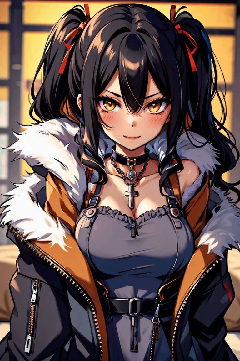 (masterpiece:1.2), (high quality:1.2), (hui xiyi:0.7), rekkyo sensen, rekkyou sensen, girls with((black hair, bangs, (one side up, long wavy hair:1.55), hand up, waving is hands, perfect hands, perfect fingers, exposed breasts, tits cleavage, breasts close up, dress((suspenders, dress, collar, collarbone, belts, blue clothes, frills shirt, black underwear and silver choker, rosary, cross, hoodies, jacket, fur, fur jacket, fur hoodie, zipper, bare shoulders, long sleeves, straps, handcuffs, chain, ribbon:1.2)), upper body)), background with((bedding, futon, jail, prison:1.45))