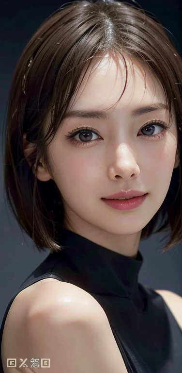 masterpiece, 1 beautiful girl, Fine grain, Swollen eyes, Highest quality, 超High resolution, (reality: 1.4), Original photo, One girl, Cinema Lighting, smile, Japanese, Asian Beauty, Korean, clean, so beautiful, Beautiful Skin, thin, Cyberpunk Background, (Ultra-realistic ), (High resolution), (8K), (Very detailed), (Best illustrations), (Beautiful and detailed eyes), (Very detailedな), (wallpaper), (Detailed face), Viewers are watching, Fine details, Detailed face, Pure Erotic Face Ace_v1, smile, 46 point diagonal bangs, Look straight ahead, Dress neatly, Dark Eyes, No sleeve, Body facing forward, short hair, Brown Hair, Messenger of God,