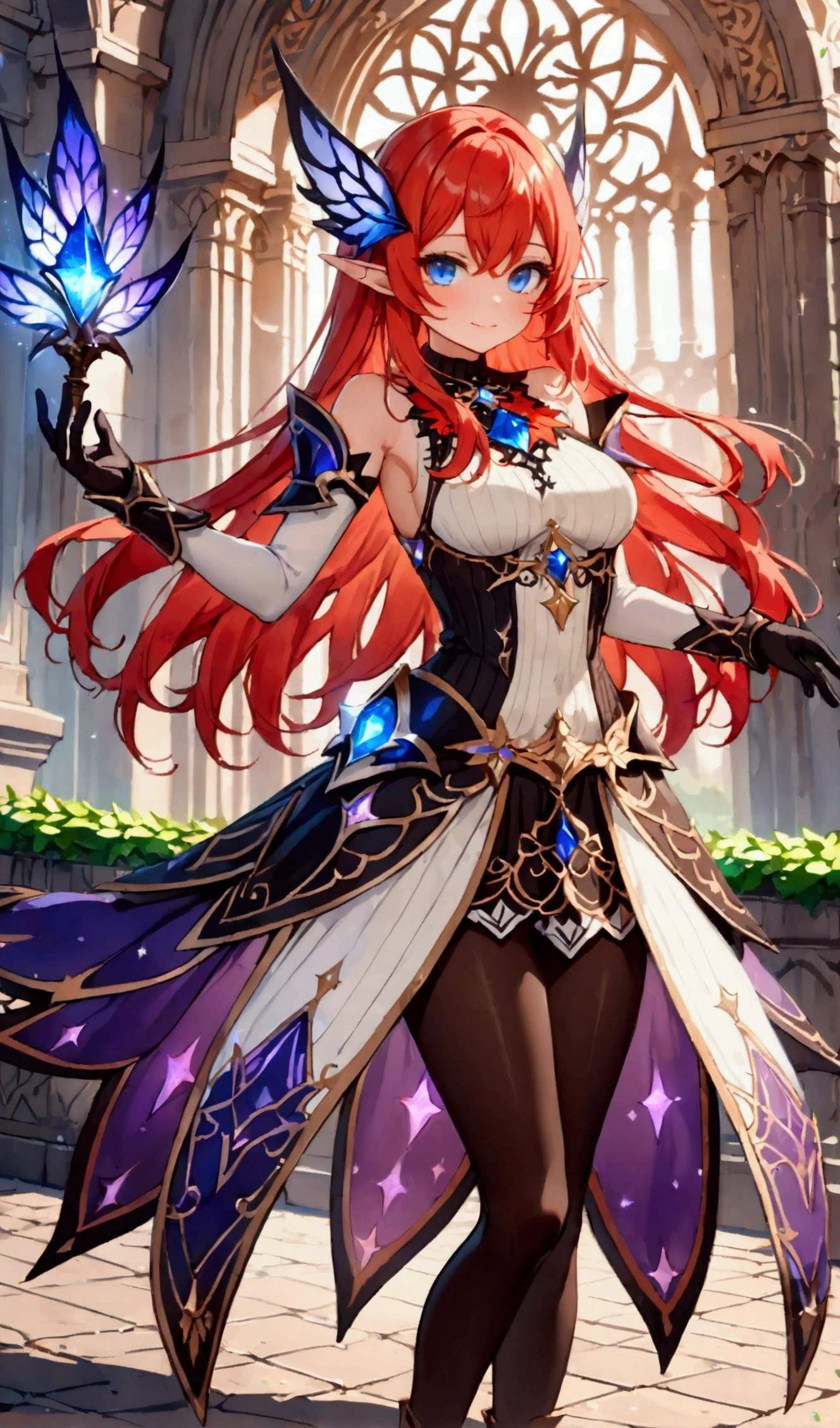 red hair girl, (masterpiece:1.2), (best quality:1.2), (very aesthetic:1.2), (absurdres:1.2), newest, anime style, ai-generated, seductive smile, long hair, straight hair, HairDetailer, (sleeveless sweater black and white full body ethereal mage dress armor with black gloves:1.3)), (((Beautifully decorated costumes that are intricate and delicate.:1.4))), (mini skirt), (White accessories:1.3), (hair ornament:1.3), ((perfect curves)), (puffy breasts), (shiny skin, skinny, slender body:1.4), (glows deep sapphire blue eyes:1.2), (gradient eyes:1.2), (symmetrical eyes:1.2), (big highlight on eyes:1.3), strong eyeliner and eyelashes, BeautifulEye, black leggings under shorts, slim waist, navel, dynamic angle, stylish pose, GoodHands, (monster girl), delicate, pure, mystical, intricate, surreal, elf, Cute, Adorable, intricate, Add Detail,
