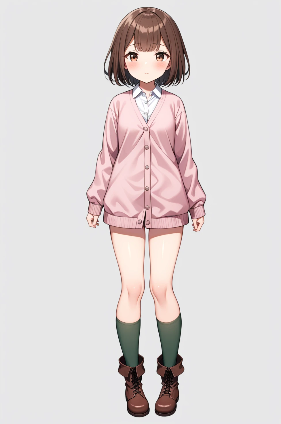 1girl, solo, blush, short_hair, bangs, brown_hair, white_background, dress, brown_eyes, closed_mouth, standing, full_body, boots, censored, pussy, socks, bar_censor, bottomless, brown_footwear, half-closed_eyes, cardigan, pink_dress, collared_dress, knees, grey_cardigan, green_socks, gloria_(pokemon)
