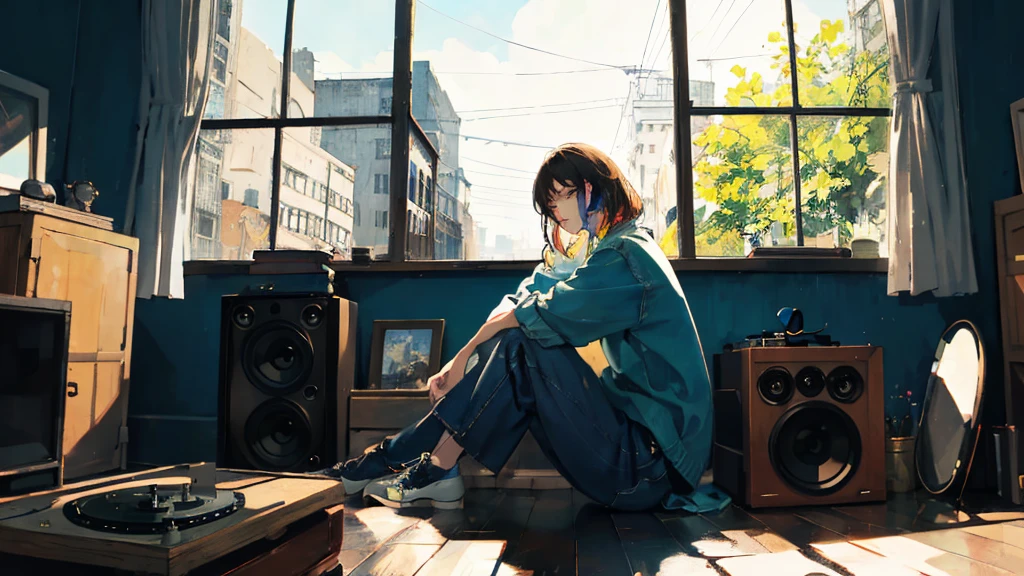 masterpiece, Highest quality, Sitting by the window in my old apartment、Featuring a woman enjoying lofi music playing from a vintage record player. Featuring a casual young woman, Colorful clothing, The atmosphere is nostalgic and dramatic..