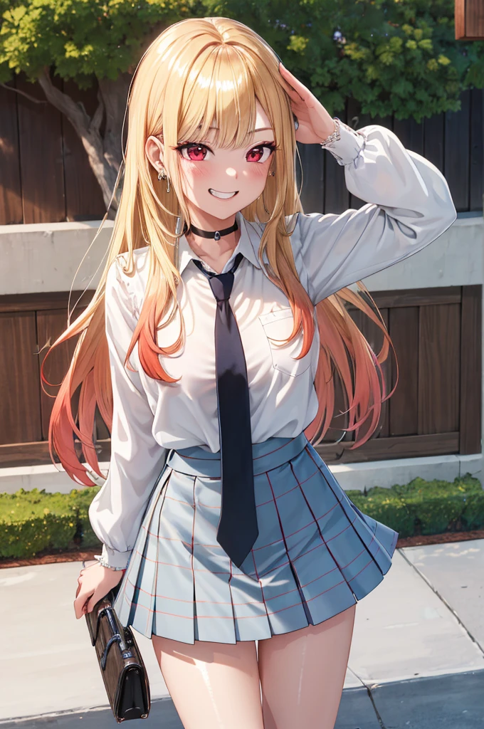 masterpiece, Kitagawa Marine, One girl, Blonde, Long Hair, Multicolored Hair, Red eyes, jewelry, Earrings, Earrings, , White shirt, tie shirt, Black Choker, Blue tie, Checked skirt, mini skirt, Grin, smile, Are standing, Cowboy Shot, Outdoor, Put your hands behind your back, Highest quality, unity 8k wallpaper, (figure:0.8), (Beautiful attention to detail:1.6), Highly detailed face, Perfect lighting, Highly detailed CG, (3D Face:1.1), (Shiny skin:1.5), (Ultra-high resolution intricate face details), (Facial skin pores:1.3), Ultra high resolution cloth texture, 大きなsmile、Blushing、Open your mouth, Showing off her perfect legs, Large Breasts