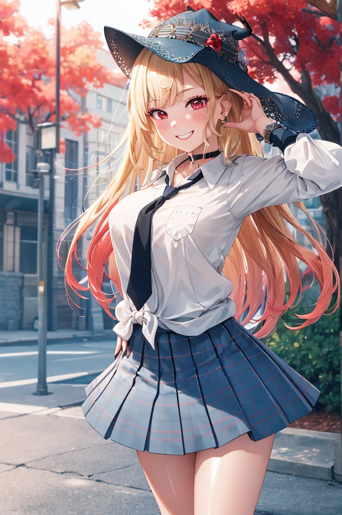 masterpiece, Kitagawa Marine, One girl, Blonde, Long Hair, Multicolored Hair, Red eyes, jewelry, Earrings, Earrings, , White shirt, tie shirt, Black Choker, Blue tie, Checked skirt, mini skirt, Grin, smile, Are standing, Cowboy Shot, Outdoor, Put your hands behind your back, Highest quality, unity 8k wallpaper, (figure:0.8), (Beautiful attention to detail:1.6), Highly detailed face, Perfect lighting, Highly detailed CG, (3D Face:1.1), (Shiny skin:1.5), (Ultra-high resolution intricate face details), (Facial skin pores:1.3), Ultra high resolution cloth texture, 大きなsmile、Blushing、Open your mouth, Showing off her perfect legs, Large Breasts