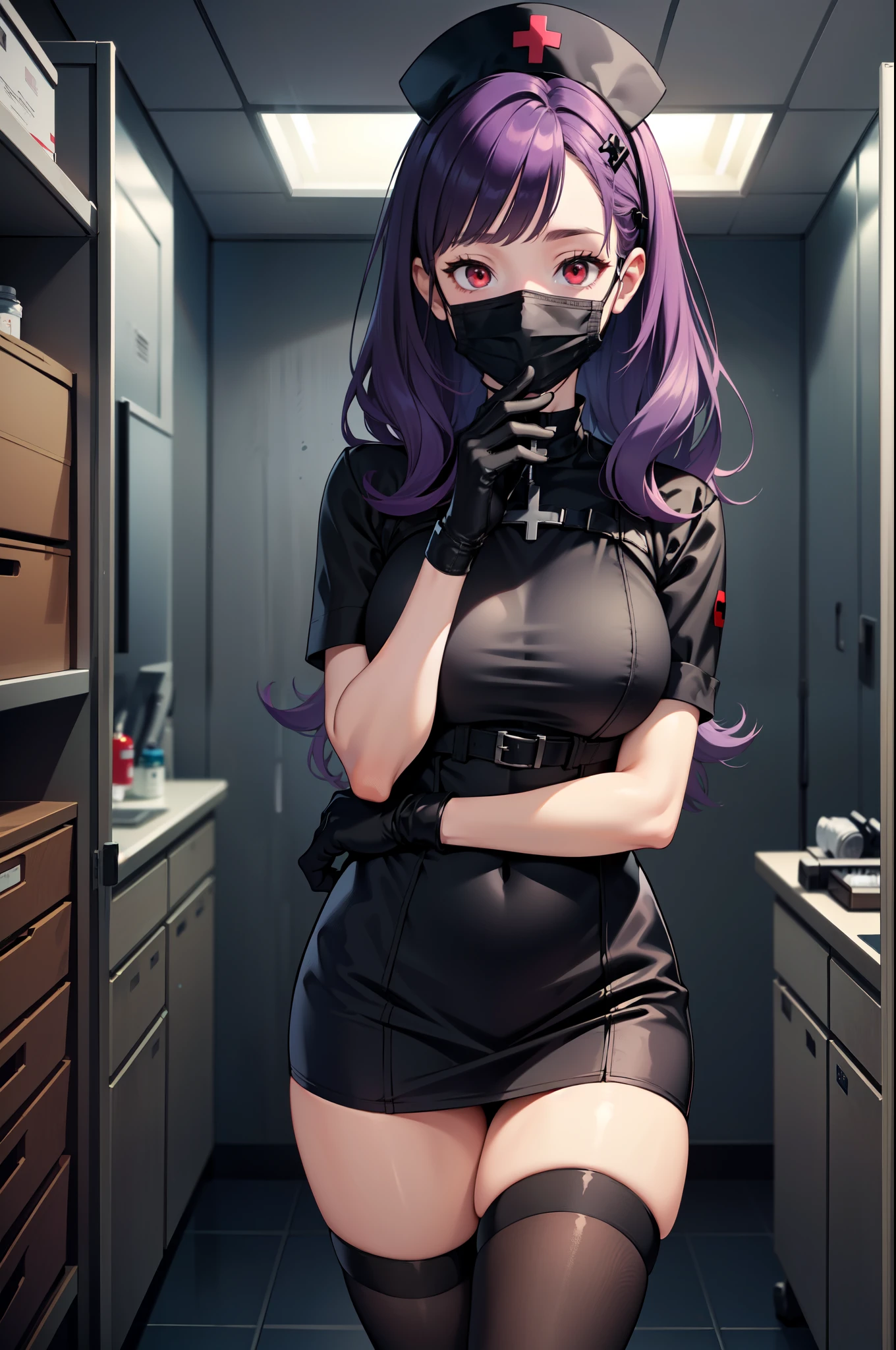 black nurse, 1woman, solo, black nurse cap, black nurse uniform, ((black legwear, zettai ryouiki)), black elbow gloves, long hair, purple hair, red eyes, ((black surgical mask, covered nose)), standing, ((surgery room)), sharp outline, short sleeves, mature female, 35 years old, best quality, masterpiece