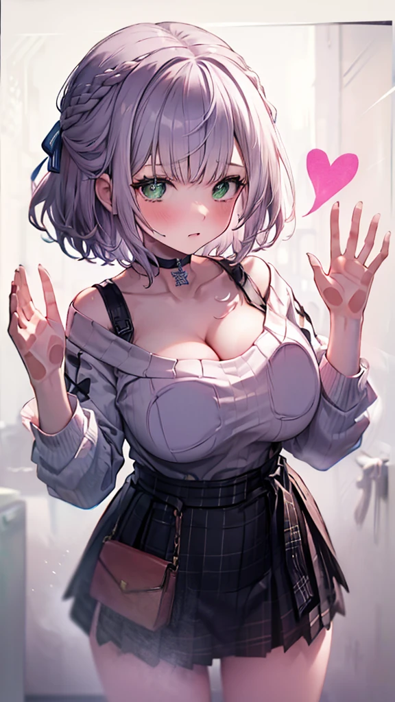 (Ultra-high resolution,masterpiece, Attention to detail, Highest quality), 8K,(ccnoel, short hair, french braid, hair ribbon, green eyes, black choker, collarbone, cleavage, off-shoulder sweater, white sweater, plaid skirt),(Blessed,Captivating body、Ultra-detailed skin、Super beautiful eyes、Detailed Background),One girl, (breasts_on_Glass,breast press, against Glass, hands on Glass),window fog, embarrassed, (white background:1.7), from front, (heart-shaped pupils)