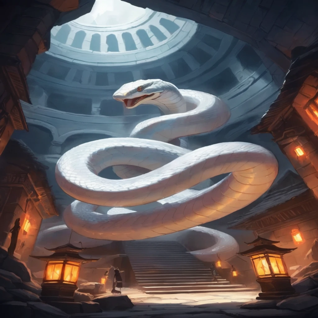 there is a cobra that is standing in a building, serpente, arte completa, Retrato de uma serpente sagradae, collectible arte do cartão, cobra, Ouroboros, cobra art, arte do cartão, giant cobra castle, arte completa illustration, giant cobra, jormungandr, Naga, magic the gathering arte do cartão, enguia etérea, por Adam Marczyński
