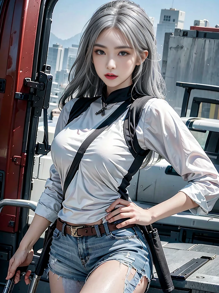 realistic, High resolution, 1 female, alone, hip up, view viewer, (detailed face), gray hair, SWAT vest, gun, jewelry