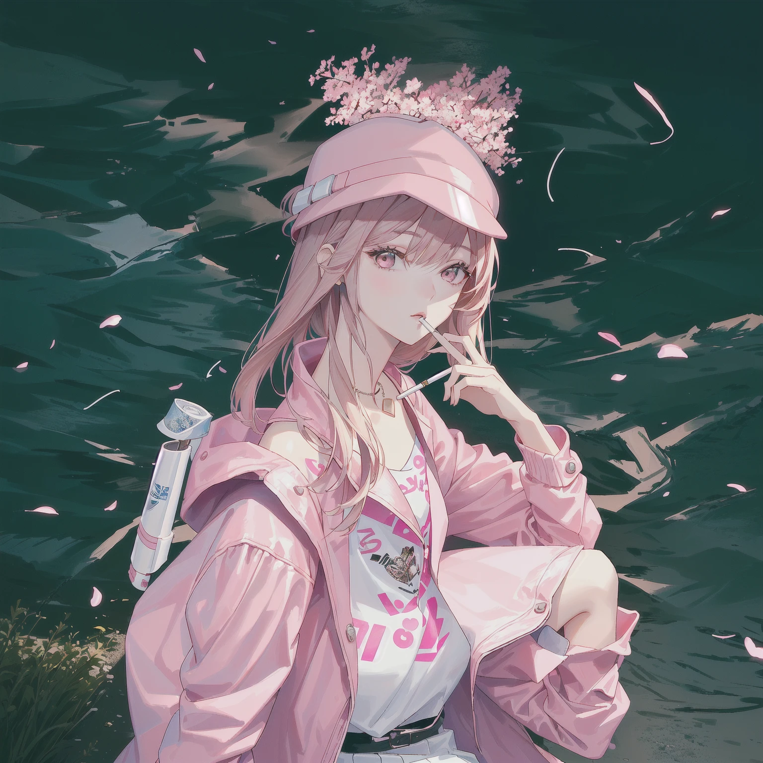 A girl in her fifties wearing a pink jacket and pink hat smoking a cigarette, Lalisa Manoban of Blackpink, Bae Suzy, portrait of