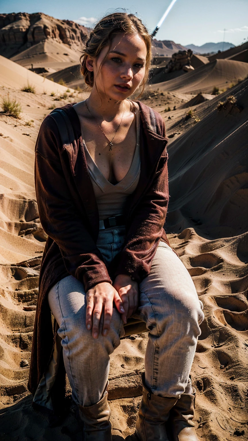 ((masterpiece), (solo character), (photorealistic:1.4), ),(best quality), (jennlaw), (epiCRealLife), (Jennifer Lawrence in jedioutfit), (Jennifer Lawrence big breasts), (Jennifer lawarence show cleavage), (lora:epiCFlashPhoto),(flashphoto), (flash photography),((Star Wars outdoor), (star wars desert), (look at viewers), (at night), (night time),, (photoshoot), (Star wars theme), (sitting on the sand)