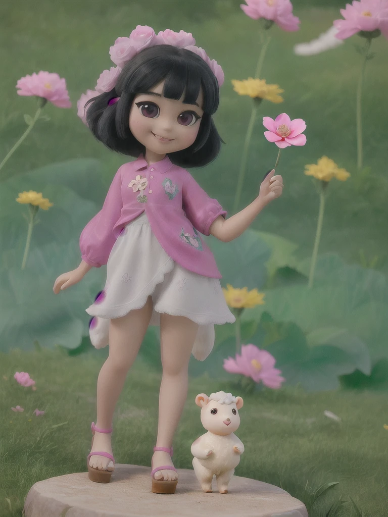 A stunning beauty cute little Javanese girl, her name is Sora, 5 years old. Beautiful silky black short hair, beautiful black eyes, beautiful pink lips and smiling happily. She's wearing a magenta shirt, and a blue jeans jumpsuit with a brown bear cartoon image embroided. Also she's wearing brown sandals. Her hand is holding flowers from the meadows in the riverside. A white sheep at her behind eating a flower. Very detailed anatomy, very detailed face, very detailed background, very detailed clothes. Photorealistic HD image, very wide angle, top to toes, full body, A Masterpiece.