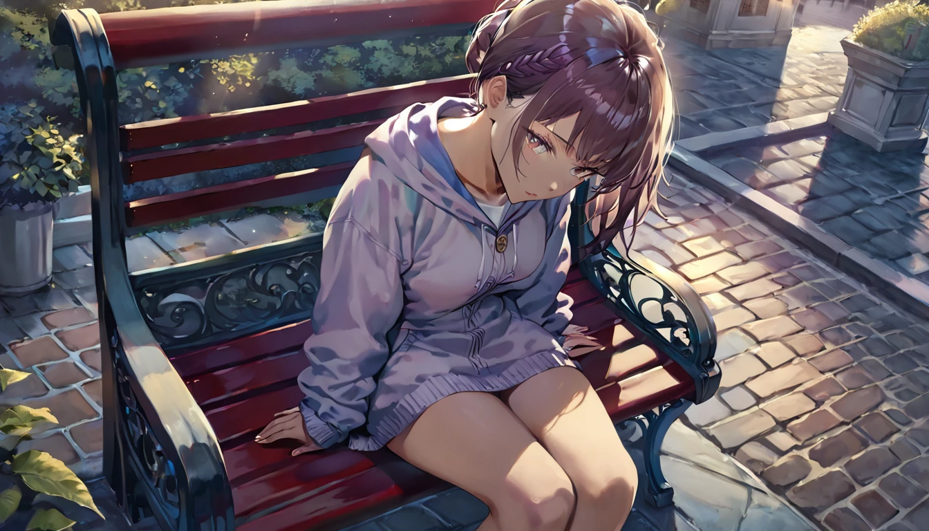 masterpiece,best quality,ultra detailed,(1girl:1.2),girl sitting on a bench, high angle shot, dramatic lighting,female focus, centered, photoreal painting background
