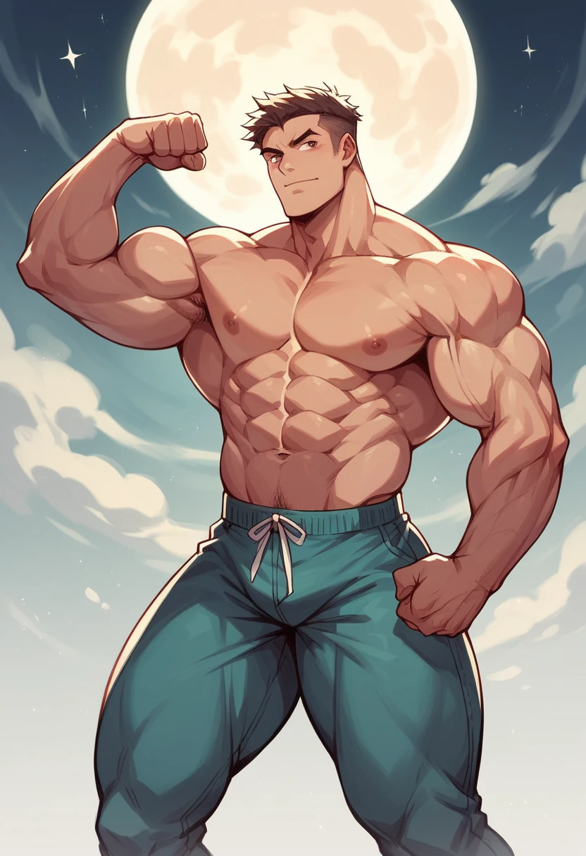 A muscular full moon, flexing its powerful limbs and beaming with pride, invites you to admire its impressive physique.