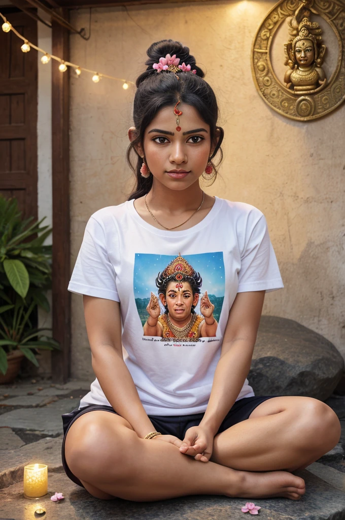Create a Realistic Picture of LORD HANUMAN is depicted in meditation. Sitting on a Stone. A Realistic 20 year old girl with yallow Tshirt sprinkles flowers to HANUMAN and performs pooja. "Rohan" is written in the Boy Tshirt. The Background features "Happy Hanuman Jayanti" in back wall Light. Background City. HD.