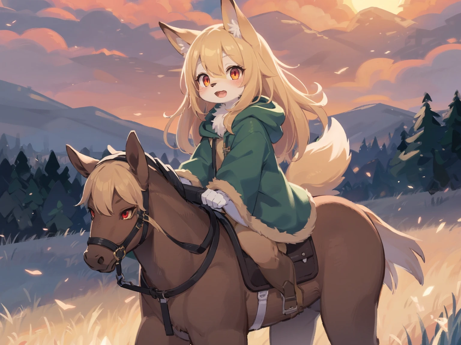  the fox, , was hairy, shaggy, skin fur, smooth lashes, golden fur, forelimb hands, straight long blonde hair, solid circle eyes, golden ears, golden fur, golden facial fur, shiny hair, red eyes, super cute face, 1fox tail, fluffy tail, furry tail, glowing eyes, green coat green hood down, brown trousers, riding unsaddled horse, open mouth, embarrassed, ambient light, ultra-fine fur, dashed eyes, full body, masterpiece, high quality, high-details, best quality, wide short, (((solo))), twilight, sun light, red sky, rim light