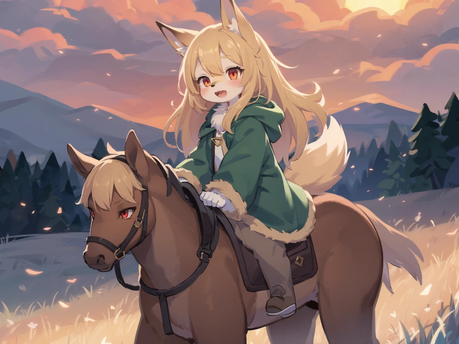 the fox, , was hairy, shaggy, skin fur, smooth lashes, golden fur, forelimb hands, straight long blonde hair, solid circle eyes, golden ears, golden fur, golden facial fur, shiny hair, red eyes, super cute face, 1fox tail, fluffy tail, furry tail, glowing eyes, green coat green hood down, brown trousers, riding unsaddled horse, open mouth, embarrassed, ambient light, ultra-fine fur, dashed eyes, full body, masterpiece, high quality, high-details, best quality, wide short, (((solo))), twilight, sun light, red sky, rim light