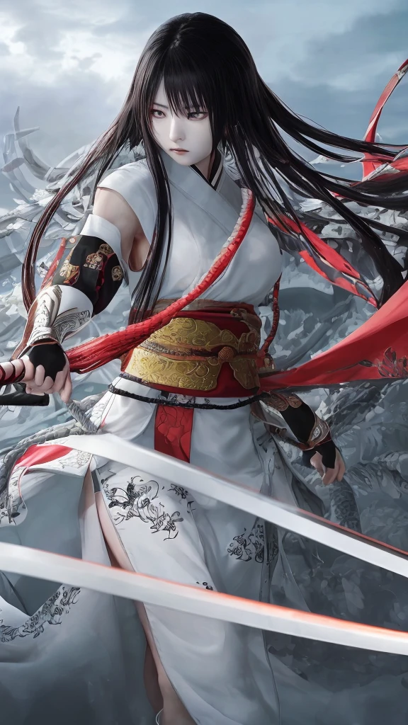 "Create a highly realistic image of a female warrior resembling Kyoukai from the manga series Kingdom. She should have a slender yet athletic build, wearing traditional Chinese armor with intricate details. Her expression is calm and focused, with a mysterious aura. She has long, flowing black hair and is holding a sword in a defensive stance. The background should depict a forest or battlefield with a dramatic sky."