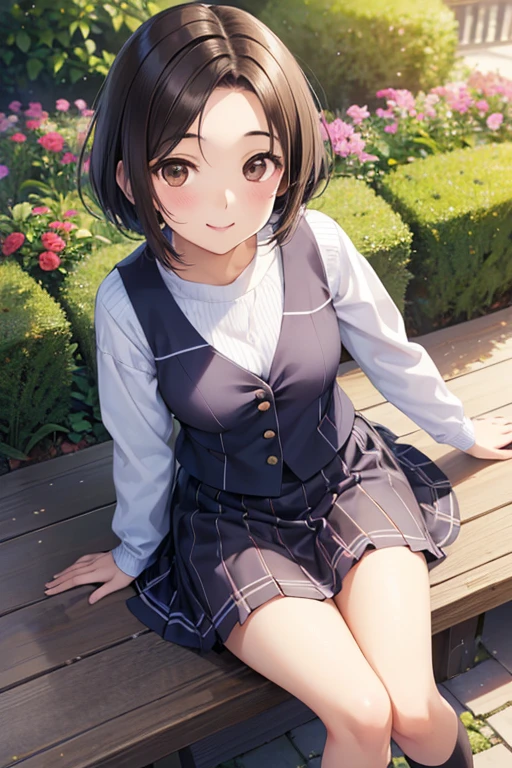 Rinko Kobayakawa、Shiny brown hair, ((Center-parted bangs、amount))、short hair, (Beautiful brown eyes、Sparkling eyes, Fine grain)、smile、Super detailedな目、Highly detailed face, Highly detailed eyes,


Only one female, (high quality, High resolution, Super detailed, Realistic:1.37), Peaceful atmosphere, (plein air, garden), Teenage girl standing alone, , Beautifully detailed features, かわいいsmile,  Ribbed knitting, Red checkered mini skirt, 