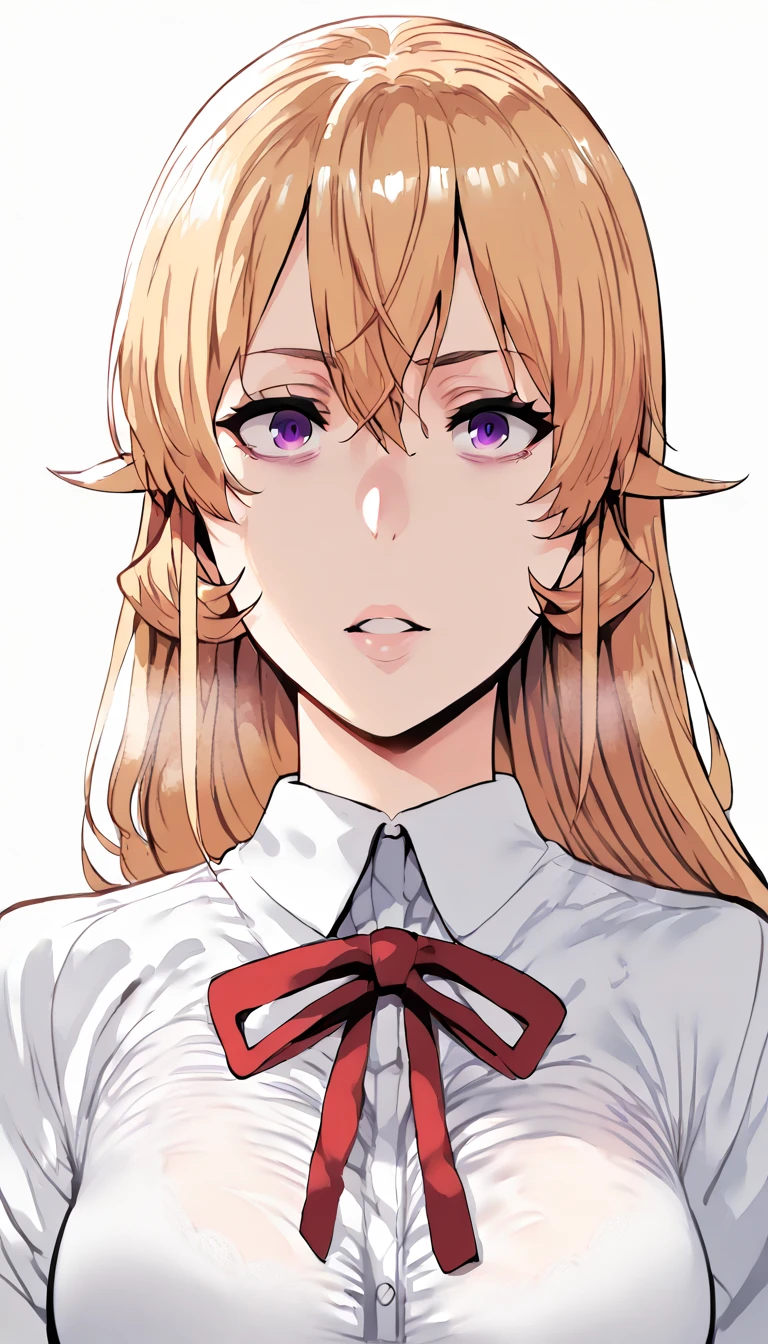 (hews art style:0.7), score_9, score_8_up, score_7_up, score_6_up, erina nakiri, blonde hair, long hair, purple eyes, hollow eyes, BREAK (masterpiece:1.2), best quality, high resolution, (detailed eyes:1.3), perfect lighting, (perfect hands, perfect anatomy), hearts, pleasured, large breasts, sagging breast, 