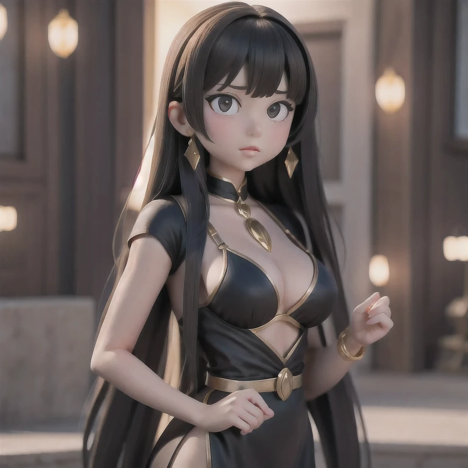 CG
1girl
bangs
bare shoulders
black dress
black eyes
black hair
blurry
blurry background
blurry foreground
bokeh
breasts
brown eyes
cleavage
closed mouth
depth of field
dress
hair ornament
jewelry
large breasts
long hair
looking at viewer
medium breasts
solo
upper body
very long hair