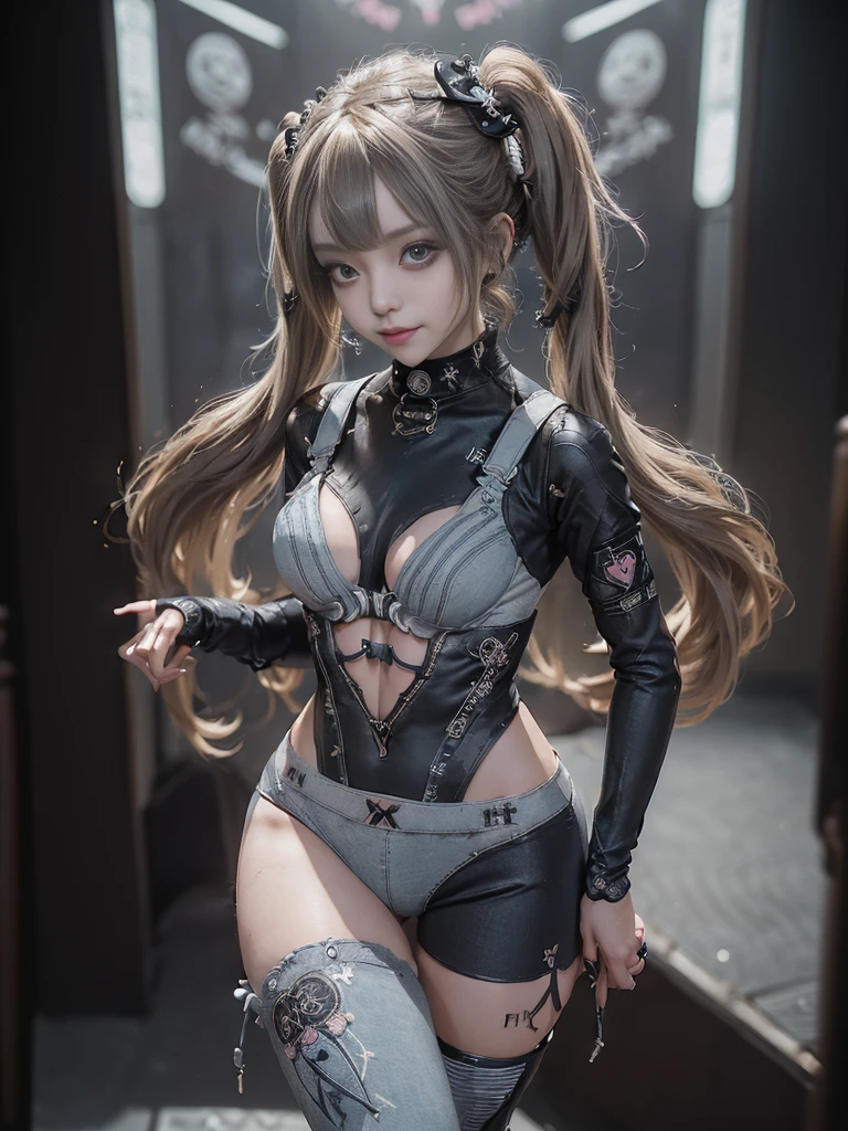 (Full Body View:1.3)、(Full body view:1.3)、(Side view:1.1)、(Smiling with teeth showing:1.3),(Shibuya Gal:1.5)、(Gothic ta style fashion:1.5)、(Punk RockVisual Kei:1.5)、(Wearing a rhythmic gymnastics bodysuit with intricate details:1.4)、(Racing suit and pants with intricate decorations in white, denim and charcoal:1.5)、(Denim and light blue and white boots:1.3)、((belt))、(Numerous delicate logo marks all over the costume:1.4)、(collar:1.3)、(Striped underwear:1.5)、30 years old、NSFW、((Highest quality、In 8K、masterpiece:1.3))、Sharp focus:1.2、(Layered Cut、Huge boobs:1.1),Beautiful woman with perfect figure:1.4、(Dancing vigorously:1.3)、Slender Abs:1.2、Highly detailed face and skin texture、Detailed eyes、double eyelid,(Twin tails:1.3)、(Brown-golden hair:1.3)、Gravure idol、(The background is the stage of the fashion show:1.3)、(Slim body:1.3),(Make your legs thinner:1.4),（clavicle:1.1）、(Thin and slim thighs:1.3)