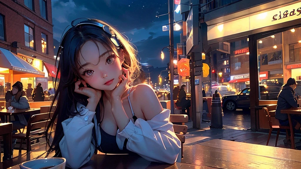 masterpiece、high resolution 8k、NSFW、sharp focus、contrast lighting、fine skin、muste piece、 highest quality、Ultra - High resolution、Super high resolution、Highly detailed CG, realisticlying, 1 girl, Beautiful, wearing headphones, enjoying hot coffee solo, Late Night Cafe, looking to viewer, city, starry sky, cloud, night.