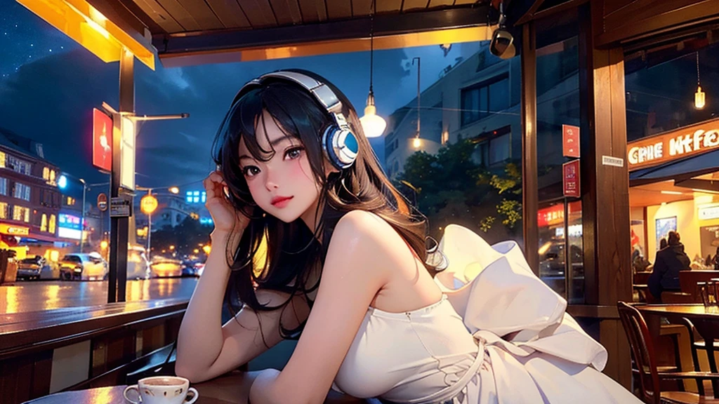 masterpiece、high resolution 8k、NSFW、sharp focus、contrast lighting、fine skin、muste piece、 highest quality、Ultra - High resolution、Super high resolution、Highly detailed CG, realisticlying, 1 girl, Beautiful, wearing headphones, enjoying hot coffee solo, Late Night Cafe, looking to viewer, city, starry sky, cloud, night.