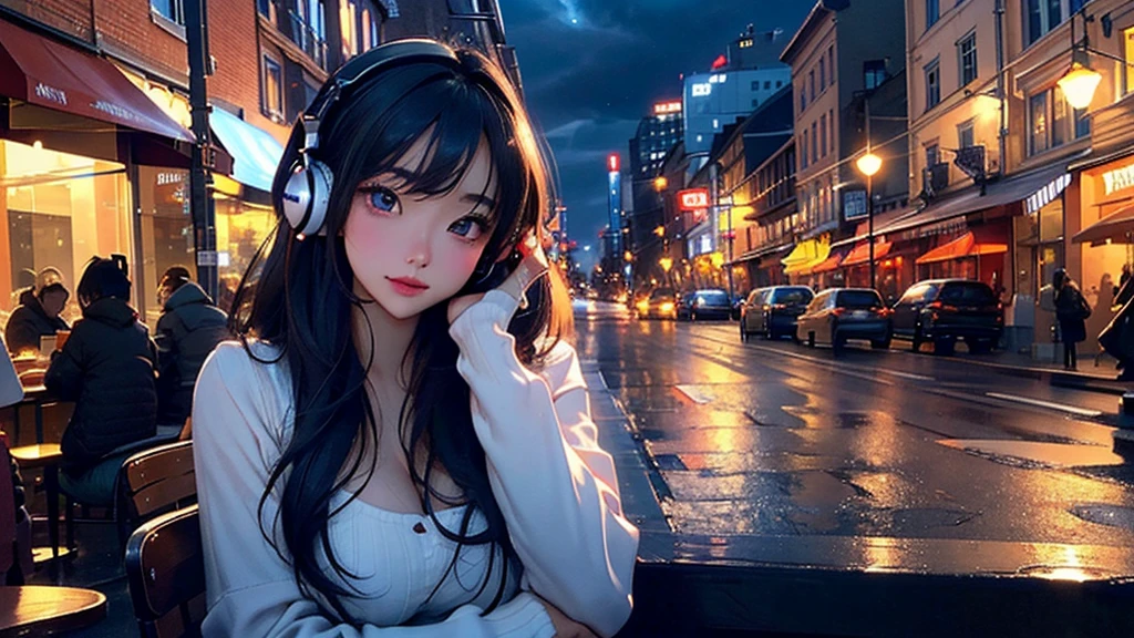 masterpiece、high resolution 8k、NSFW、sharp focus、contrast lighting、fine skin、muste piece、 highest quality、Ultra - High resolution、Super high resolution、Highly detailed CG, realisticlying, 1 girl, Beautiful, wearing headphones, enjoying hot coffee solo, Late Night Cafe, looking to viewer, city, starry sky, cloud, night.