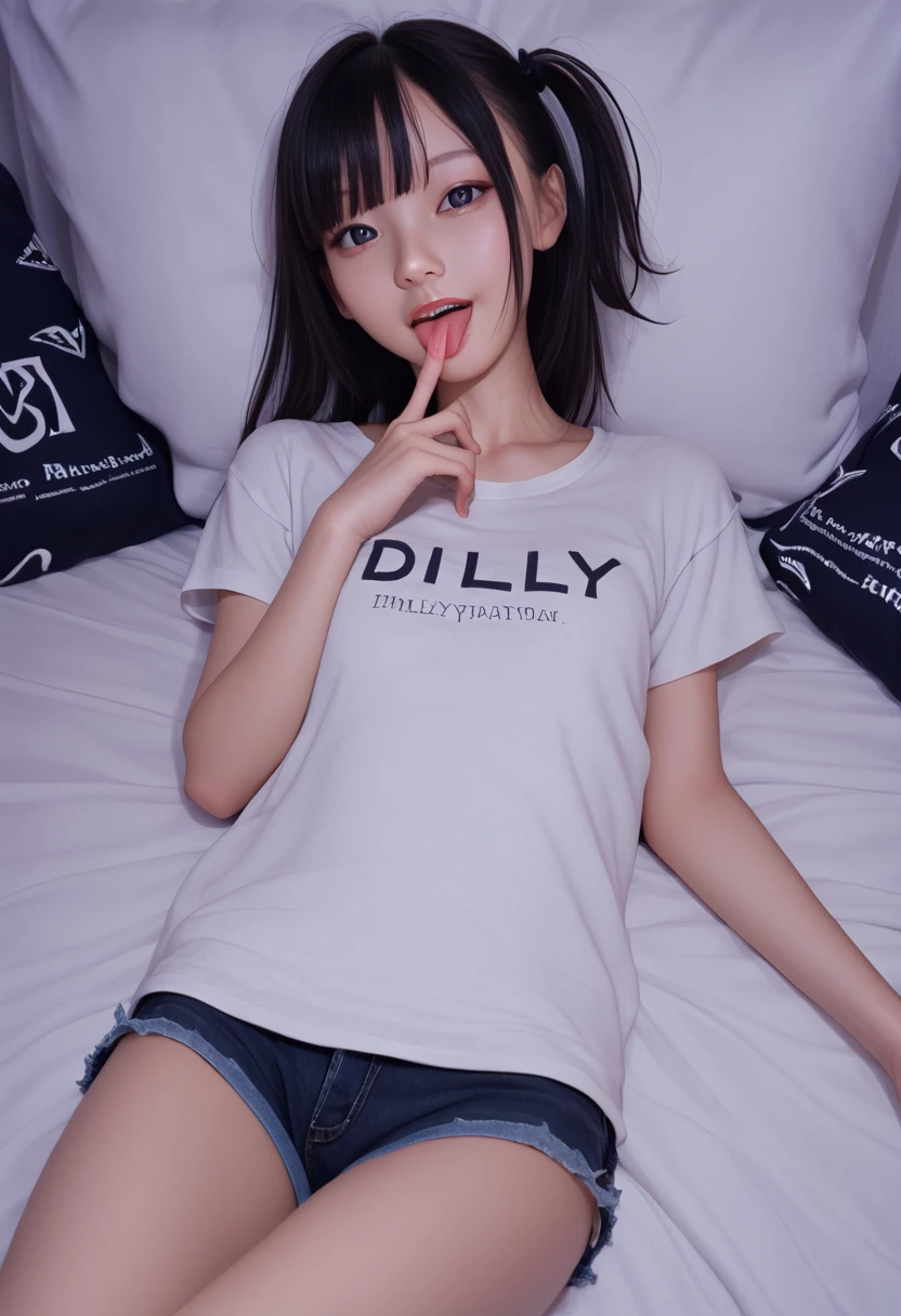 pastel colors colors t-shirt,bare shoulder,ollarbone,micro shorts,(open mouth:1.5),(tongue out:2),lying,finger to chin,overhead shot,front view,face focus,(1girl,Beautiful girl,teenager),(,Small breasts,Small face,)),(looking at viewer),Black Hair,bangs,one side up,Beautiful and detailed,(Dimly lit room:1.5),White bed,pillow,Mischievous smile