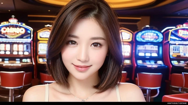 ((best quality, 8K, Masterpiece: 1.3)), 1 woman, Beautiful figure, slim stomach.: 1.3, (short hairstyle brown hair, big: 1.2), set: 1.1, The face is extremely slender., delicate eyes, Double eyelids, smile, (random background,In casinos,VIP casino room, Modern Casino Console, Modern Slot Machines ), raw image