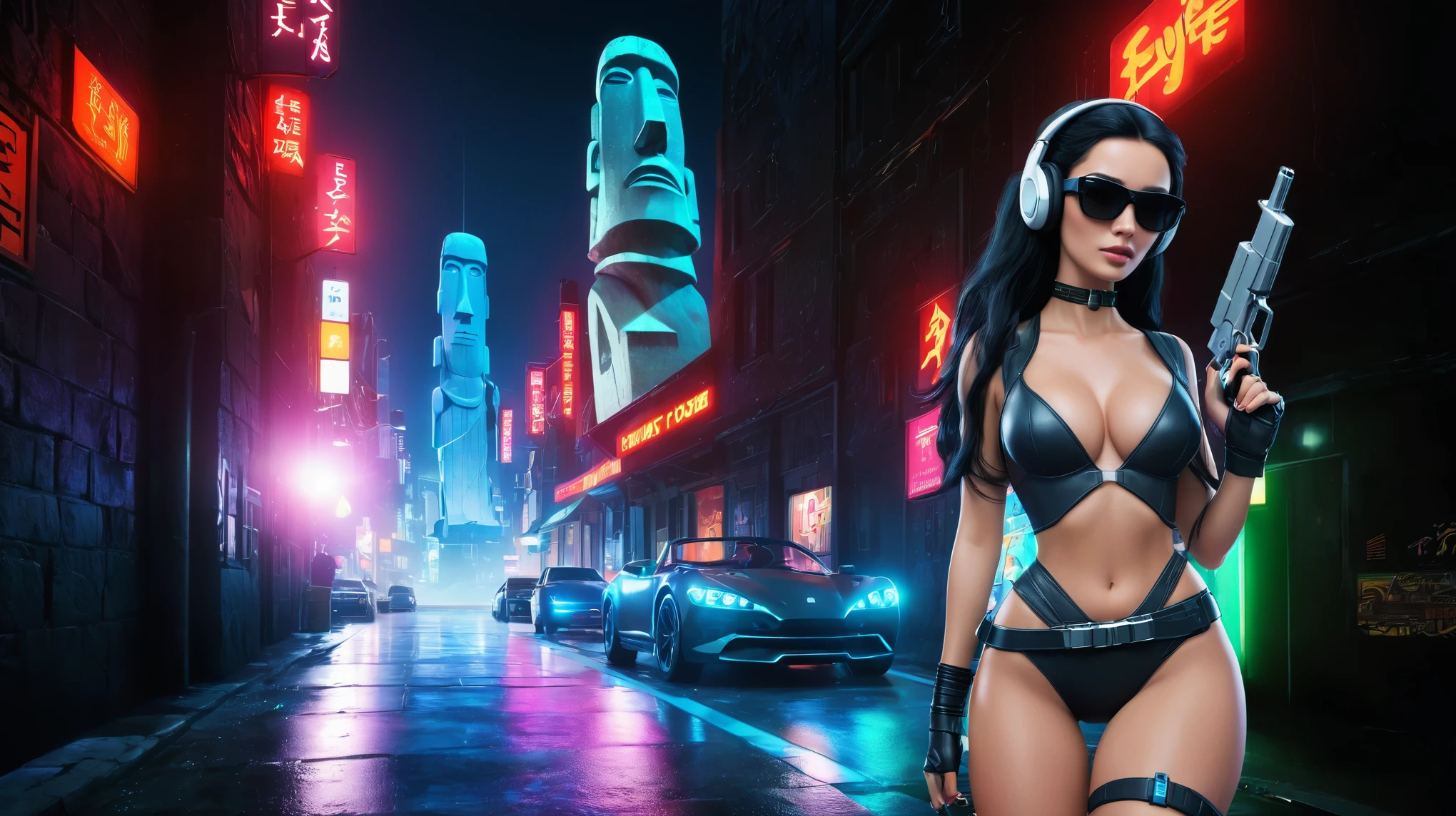 At night, dark sky, distant shot aerial view of fantasy cyberpunk style ice ((Moai-statue)) city, ((flying car)). ((1girl, solo, alone)), medium-breast:1.1 slim body, cleavage, sexy clothes, (headphone, black sunglasses, long black realistic hair), (((hip-up standing and holding pistol))), (((((half-body thigh level medium shot))))), cinematic lighting, lens flare, ray tracing.