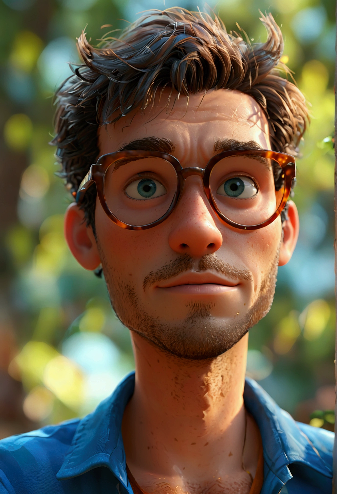 Cartoon character of a man in sunglasses and blue shirt, animation character, stylized character, animation style rendering, 3d stylized, Arnold Maya rendering, Stylized 3D rendering, toon render screenshot, 3d character, 3d character, Stylized 3D rendering, 3D character rendering, cartoon character, Personagem de close up, character posing,  (Pixar-style) (master part:1.2) (bokeh) (best qualityer) (skin detailed) (detailed texture) (8K) (Argilla) (cinematic lighting) (sharp focus